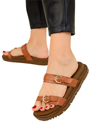 Çift Bantlı Tokalı Kadın Terlik TABA