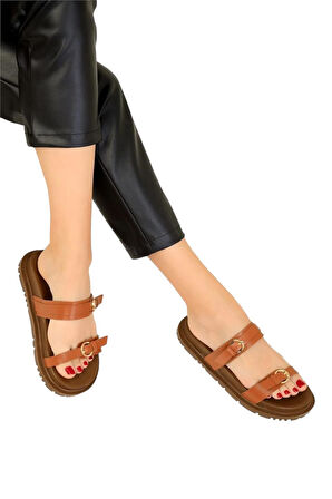 Çift Bantlı Tokalı Kadın Terlik TABA