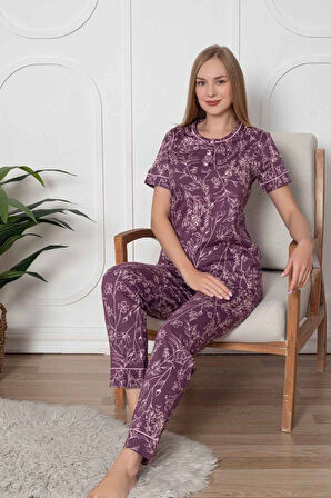 Kadın Çiçek Desen Bisiklet Yaka 3 Düğmeli Kısa Kol Cepli Pijama Takımı