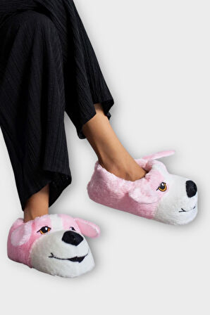 Unisex Sevimli Köpek Figürlü Kaymaz ve Ses Yapmaz Taban Ev Panduf PUDRA