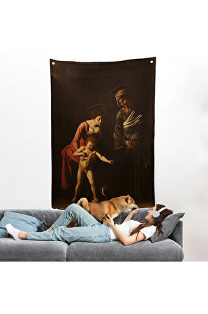 Caravaggio - Madonna ve Çocuk, Aziz Anne ile Duvar Örtüsü-7359
