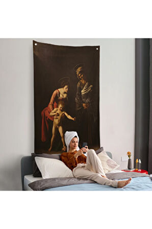 Caravaggio - Madonna ve Çocuk, Aziz Anne ile Duvar Örtüsü-7359