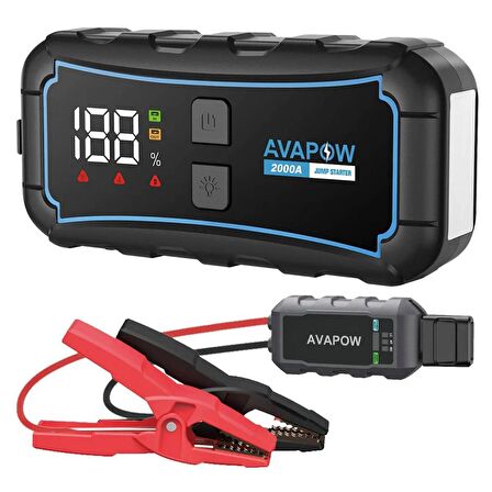 Avapow E5 Pro 12000mAh 2000A Jump Starter Taşınabilir Akü Takviye Kiti (Powerbank + LCD + LED Işık)  