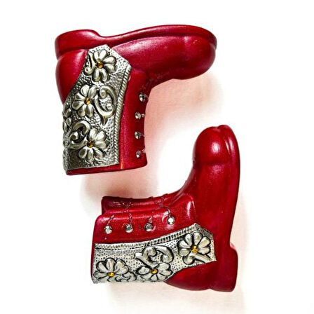 Uretti - Hülya 6683 1710 El Yapımı Alüminyum Kabartma İşlemeli Simli Bağcıklı Seramik Kırmızı Ayakkabı 2'li Biblo Seti