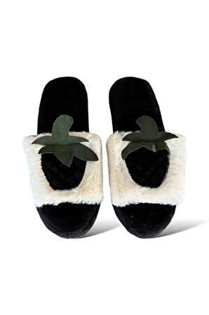 Çilek Desen Peluşlu Kadın Ev Terliği SİYAH