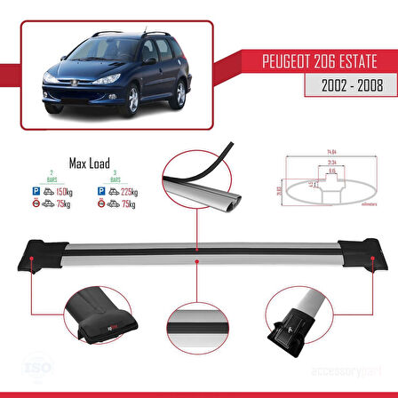 Peugeot 206 SW 2002-2008 Arası ile Uyumlu FLY Model Ara Atkı Tavan Barı Gri 2 Adet