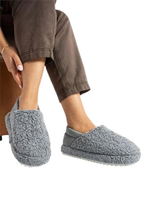 Kadın Lastikli Kaymaz Taban Peluş Havlu Kumaş Ev Ayakkabısı Panduf GRİ