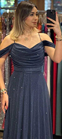 Lacivert  İp Askılı  Sırt Dekolteli  Kloş Etekli Simli Kumaş Uzun Abiye Elbise 7365