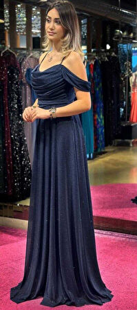 Lacivert  İp Askılı  Sırt Dekolteli  Kloş Etekli Simli Kumaş Uzun Abiye Elbise 7365