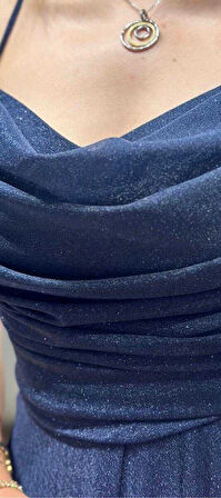 Lacivert  İp Askılı  Sırt Dekolteli  Kloş Etekli Simli Kumaş Uzun Abiye Elbise 7365