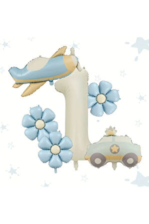 Uçak polis arabası papatya folyo balonlu yaş balon set