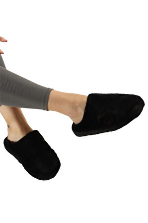 Önü Kapalı Ayıcık Baskılı Peluş Kadın Ev Terliği SİYAH