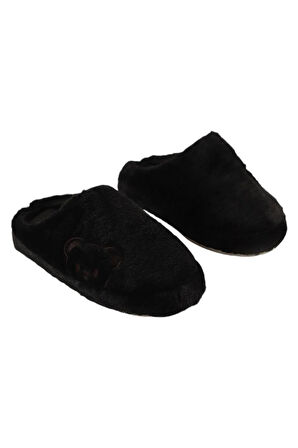 Önü Kapalı Ayıcık Baskılı Peluş Kadın Ev Terliği SİYAH
