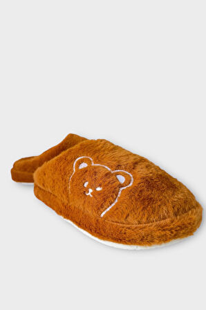 Önü Kapalı Ayıcık Baskılı Peluş Kadın Ev Terliği TABA