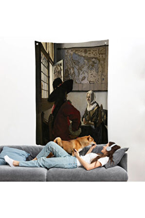 Johannes Vermeer - Memur ve Gülen Kız Duvar Örtüsü - Officer and Laughing Girl-7366