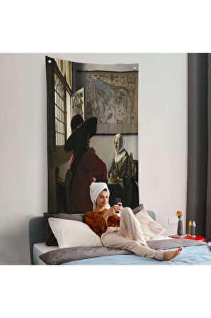 Johannes Vermeer - Memur ve Gülen Kız Duvar Örtüsü - Officer and Laughing Girl-7366