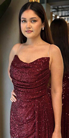 Vişne Renk  Yırtmaçlı Düz Kesim Payet Uzun Abiye Elbise 7368