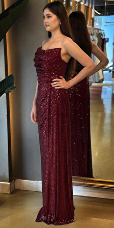 Vişne Renk  Yırtmaçlı Düz Kesim Payet Uzun Abiye Elbise 7368