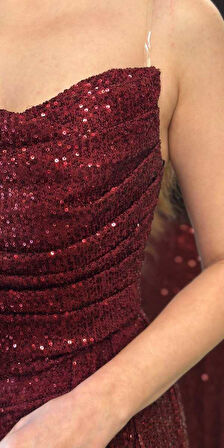 Vişne Renk  Yırtmaçlı Düz Kesim Payet Uzun Abiye Elbise 7368