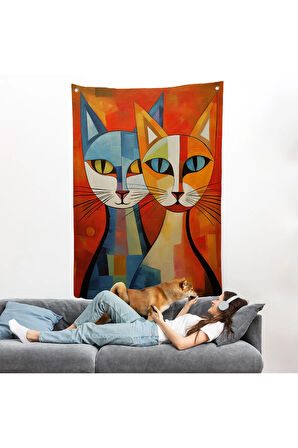 Pablo Picasso Tarzı - Soyut Renkli Kediler Duvar Örtüsü-7369