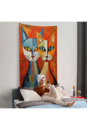 Pablo Picasso Tarzı - Soyut Renkli Kediler Duvar Örtüsü-7369