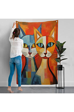 Pablo Picasso Tarzı - Soyut Renkli Kediler Duvar Örtüsü-7369