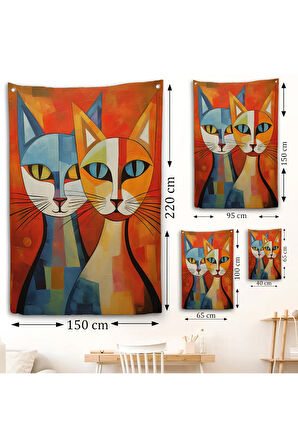 Pablo Picasso Tarzı - Soyut Renkli Kediler Duvar Örtüsü-7369