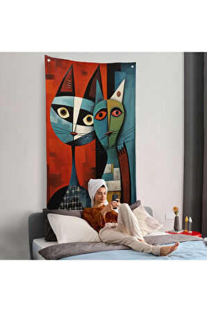 Pablo Picasso Tarzı - Soyut Renkli Kedi Duvar Örtüsü-7370