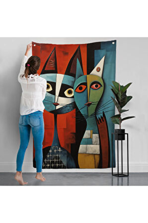 Pablo Picasso Tarzı - Soyut Renkli Kedi Duvar Örtüsü-7370