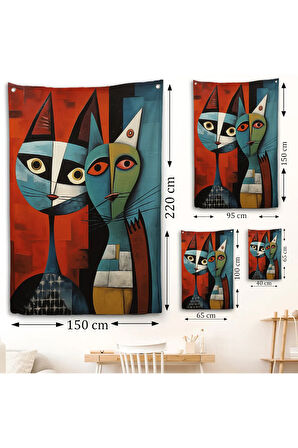 Pablo Picasso Tarzı - Soyut Renkli Kedi Duvar Örtüsü-7370