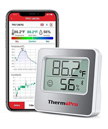 ThermoPro TP357 Bluetooth Limit Aşım Uyarılı İç Mekan Dijital Isı ve Nem Ölçer Termometre