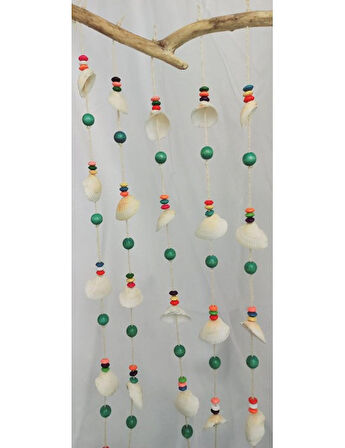 Turkuaz ve Renkli Boncuklu Deniz Kabuğu Figürlü Rüzgar Gülü