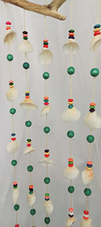 Turkuaz ve Renkli Boncuklu Deniz Kabuğu Figürlü Rüzgar Gülü