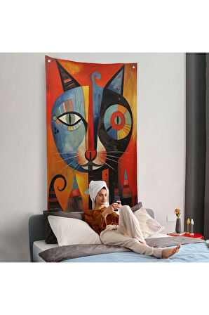 Pablo Picasso Tarzı - Soyut Renkli Kedi Duvar Örtüsü-7371