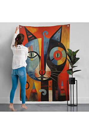 Pablo Picasso Tarzı - Soyut Renkli Kedi Duvar Örtüsü-7371