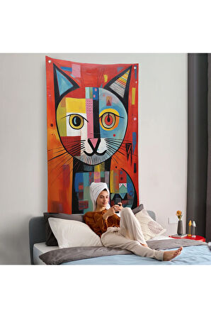 Pablo Picasso Tarzı - Soyut Renkli Kedi Duvar Örtüsü-7372