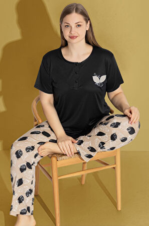 Kadın Desenli 3 Düğmeli Bisiklet Yaka Yazlık Pamuk Likra Büyük Beden Kısa Kol Pijama Takımı