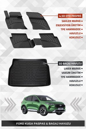Sahler Ford Kuga 2020+ Uyumlu 4.5D Premium Havuzlu Oto Paspas Ve Liner Marka 3D Bagaj Havuzu