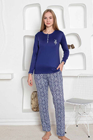 Etnik Desenli Kadın Pijama Takımı - Uzun Kollu Likralı Viskon Altı Cepli Ev Giyimi