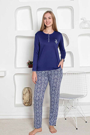 Etnik Desenli Kadın Pijama Takımı - Uzun Kollu Likralı Viskon Altı Cepli Ev Giyimi