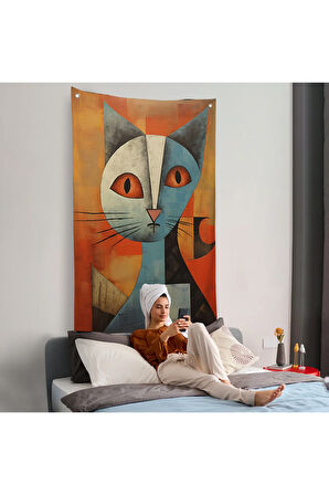 Pablo Picasso Tarzı - Soyut Renkli Kedi Duvar Örtüsü-7373