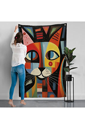 Pablo Picasso Tarzı - Soyut Renkli Kedi Duvar Örtüsü-7374