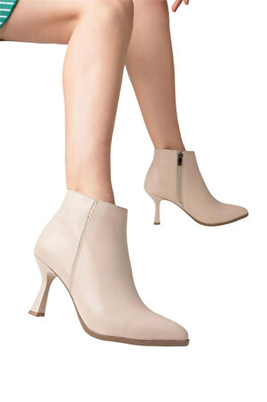Topuklu Fermuarlı Kadın Bot (8 Cm) BEJ