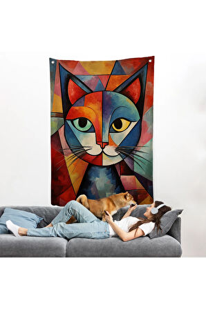 Pablo Picasso Tarzı - Soyut Renkli Kedi Duvar Örtüsü-7375