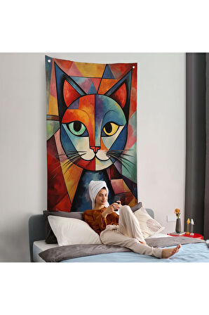 Pablo Picasso Tarzı - Soyut Renkli Kedi Duvar Örtüsü-7375