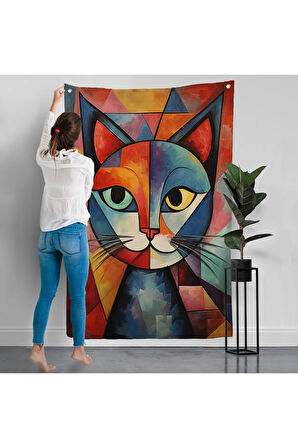 Pablo Picasso Tarzı - Soyut Renkli Kedi Duvar Örtüsü-7375