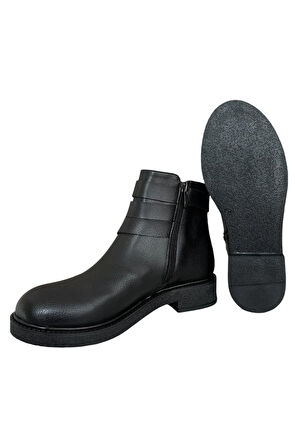Kemerli Fermuarlı Kadın Bot SİYAH