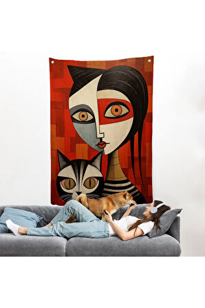 Pablo Picasso Tarzı - Soyut Renkli Kadın ve KediDuvar Örtüsü-7376