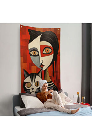 Pablo Picasso Tarzı - Soyut Renkli Kadın ve KediDuvar Örtüsü-7376