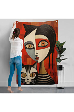 Pablo Picasso Tarzı - Soyut Renkli Kadın ve KediDuvar Örtüsü-7376